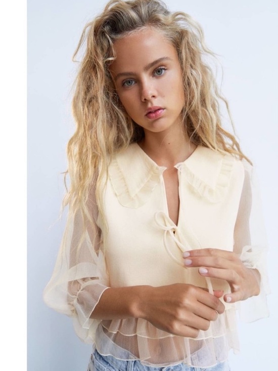 Zara organza knit Sheer Ruffle-Trim Cream Blouse with Tie Neck NWOT Sm - Picture 5 of 16